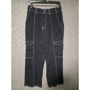 RSQ Women's Large Black Acid Washed White Trim Cargo Pant Grunge Whimsigoth Rock